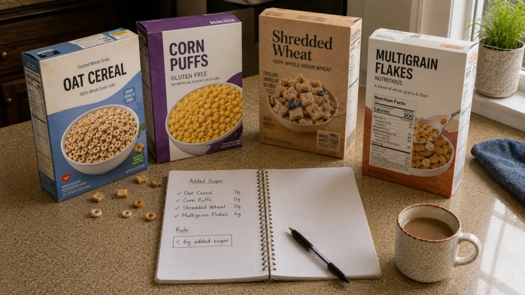 Low sugar breakfast cereal options on a kitchen countertop with cereal boxes, a notebook comparing added sugar, and a coffee mug.