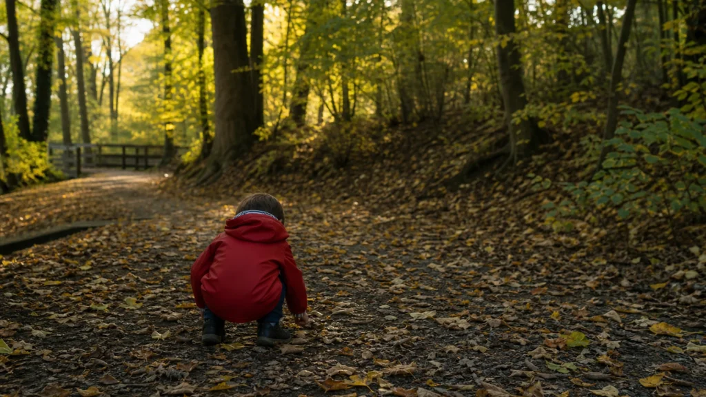Back view of a child in a red jacket crouching on a leaf-covered woodland path in warm afternoon light.