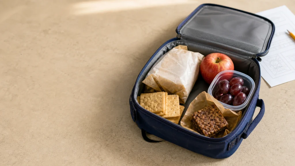 Open blue child’s lunchbox with a parchment-wrapped sandwich, apple, grapes, crackers, and oat bar on a kitchen counter
