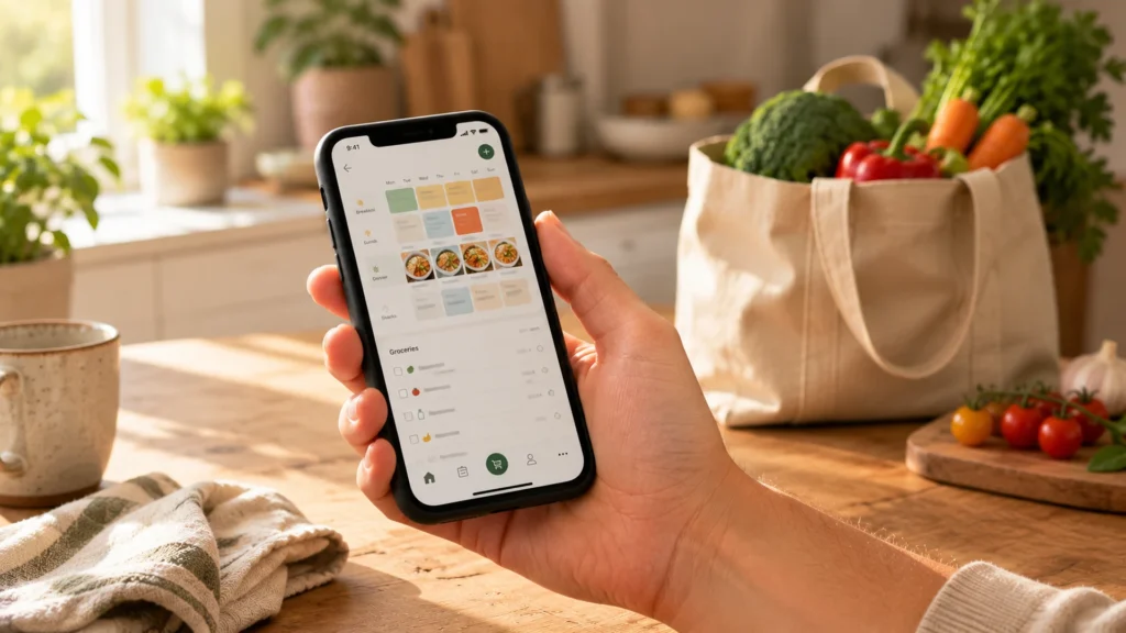 Adult hand holding a smartphone with a weekly meal-planning layout visible, beside a reusable grocery bag of vegetables on a warm kitchen counter