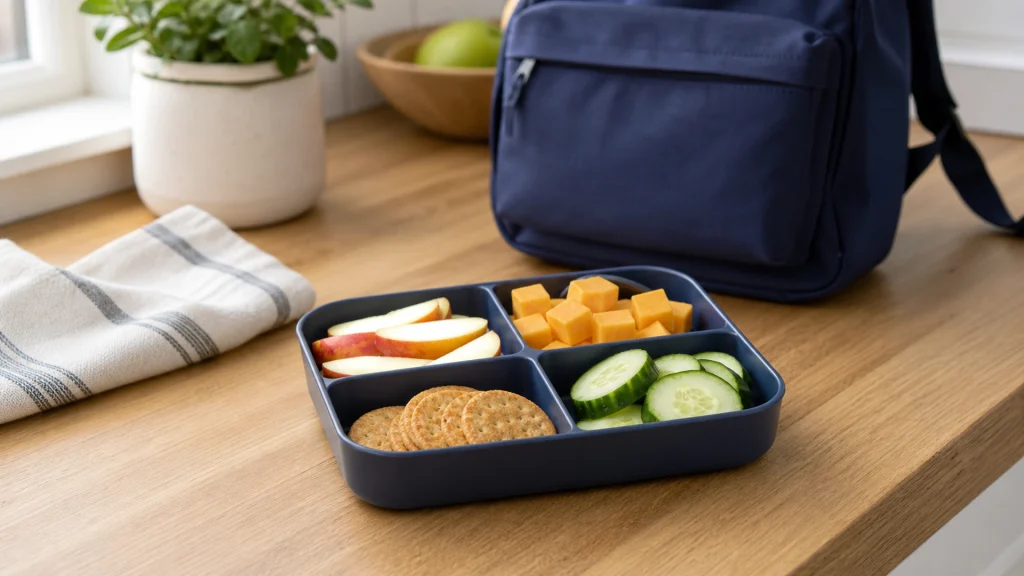 A small snack tray with apple slices, cheese, crackers, and cucumber beside a child's backpack on a kitchen counter