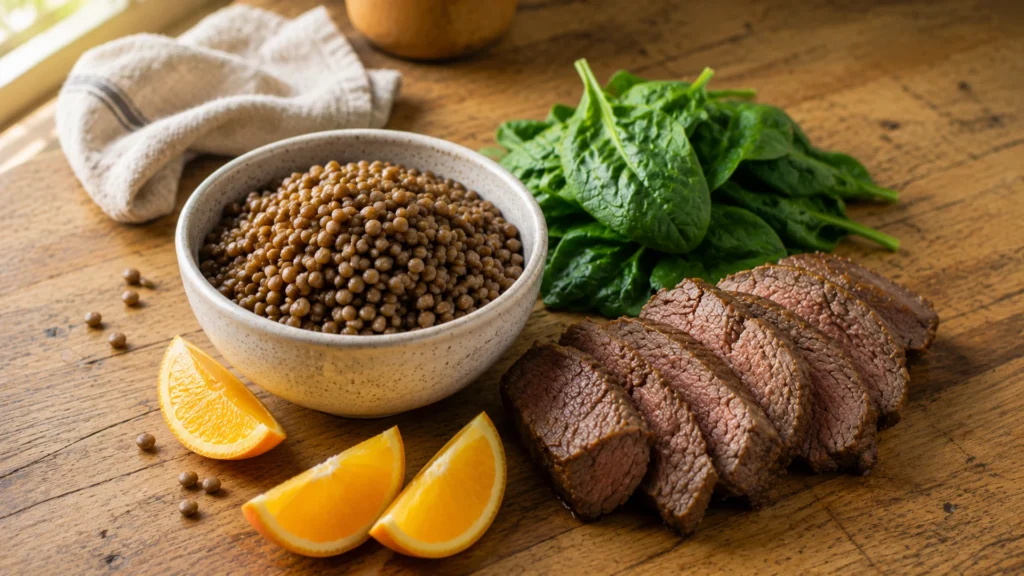 Flat-lay of iron-rich foods for children on a warm wood surface: a small bowl of cooked lentils, dark leafy greens, a small piece of cooked beef, and orange slices to aid absorption — natural daylight