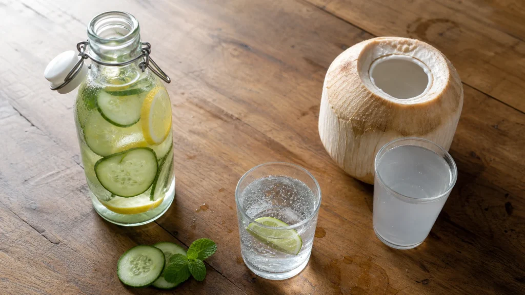 Glass bottle of cucumber and lemon water beside an opened young coconut and two clear glasses on a wooden table